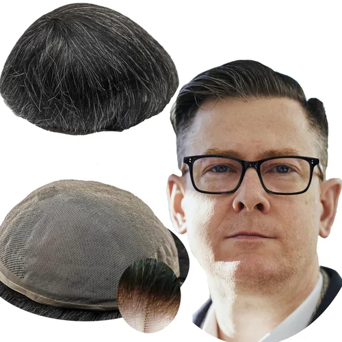 Vista 8 de Toupee para hombres - Sistema de reemplazo de cabello humano real - Postizo de encaje francés fino - Unidades de cabello personalizables - Piezas
