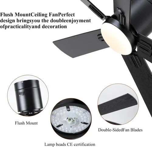 Vista 4 de Ventiladores de techo de 52 pulgadas con luces y control remoto, ventilador de techo LED negro de montaje empotrado con motor de CC silencioso