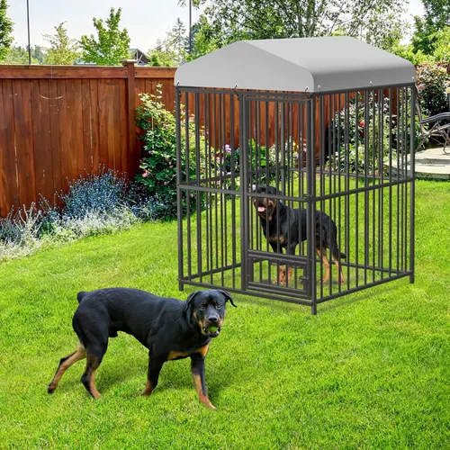 Vista 4 de Perrera para perros grandes, 4 x 4 x 6 pies, perrera grande exterior con cerradura, recintos para perros con cubierta impermeable resistente a