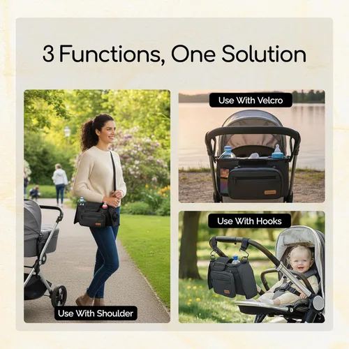 Vista 7 de Bolsa organizadora universal para cochecito con 2 portavasos aislados, bolsa de teléfono desmontable duradera y correa para el hombro, se adapta a
