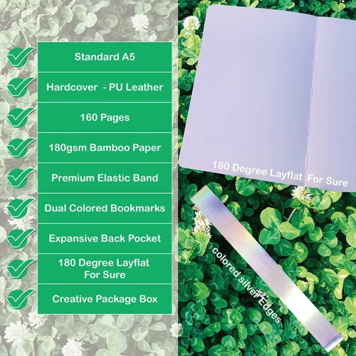 Vista 3 de BUKE Cuaderno de puntos con 180 g/m² de papel de bambú blanco grueso, 160 páginas, cuadrícula de 5 * 5 mm, encuadernación plana, bordes plateados