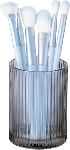 Vista 9 de DASITON Makeup Brush Holder Organizer, Crystal Cosmetic Makeup Brushes Storage Holder, Glass Make Up Brush Holder, Vintage Striped Make Up Cup Desk