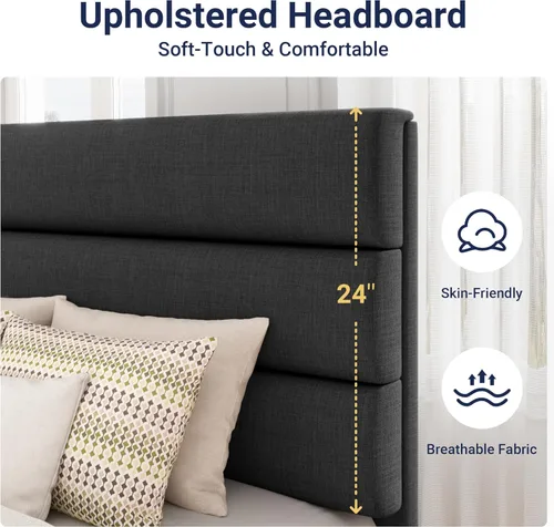 Vista 53 de Allewie - Base de cama tamaño King con cabecera tapizada en tela y soporte de listones de madera; base de colchón completamente tapizada; no Azul