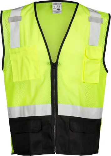 Kishigo Unisex High Visibility Reflective Black Bottom Mesh Vest 1509, Zipper Closure, Polyester, ANSI 107 Type R/Class 2