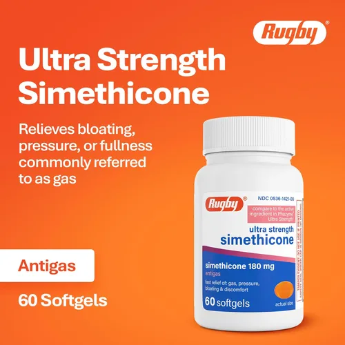 Vista 3 de Rugby Ultra Strength Simeticona Gas Relief 180 mg - Máximo alivio para adultos - Puede ayudar con síntomas de flatulencia e hinchazón - 60 cápsulas
