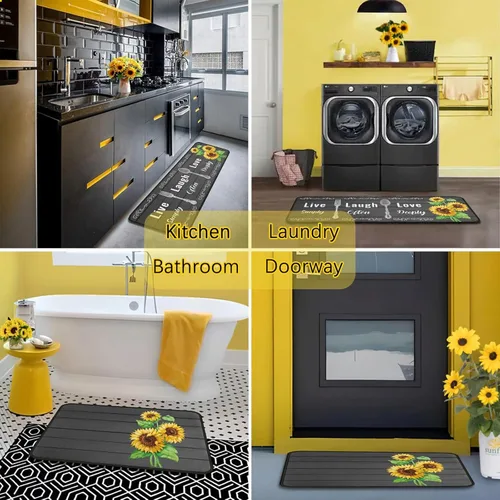 Vista 5 de Juego de 2 alfombras de cocina de girasol, antideslizantes, lavables, de microfibra, alfombras y tapetes para cocina, decoración de granja