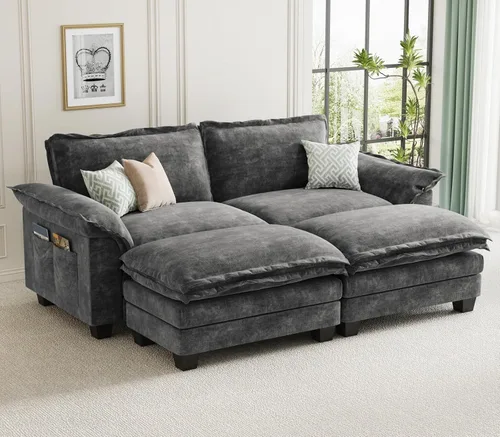 Vista 44 de KKL Sofá cama modular seccional, sofá de nube de 4 plazas con otomana, sofás seccionales de felpilla para sala de estar, apartamento, beige