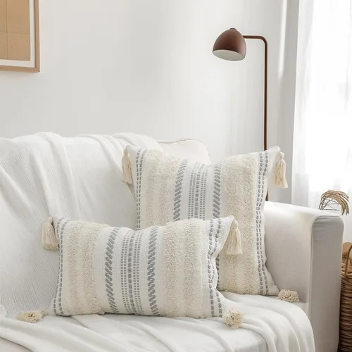 Vista 7 de decorUhome - Funda lumbar decorativa de estilo bohemio para cojín de sofá, cama o dormitorio, acento neutro con tejido copetudo, de 18 x 18