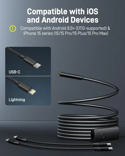 Vista 2 de Cámara de endoscopio USB Anykit con 8 luces LED ajustables, boroscopio con cámara serpiente semirrígida, cámara de inspección IP67 impermeable