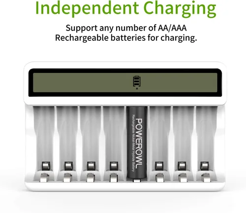 Vista 4 de Powerowl Cargador de Batería de 8 Compartimentos AA AAA con Pantalla LCD (Carga Rápida USB, Ranura Independiente) para Baterías Recargables Ni-MH