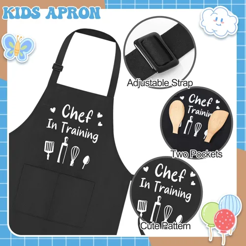 Vista 3 de 3 Pack Kids Apron for Cooking Adjustable Kids Chef Kitchen Funny Aprons with Pockets for Boys Girls Painting Baking