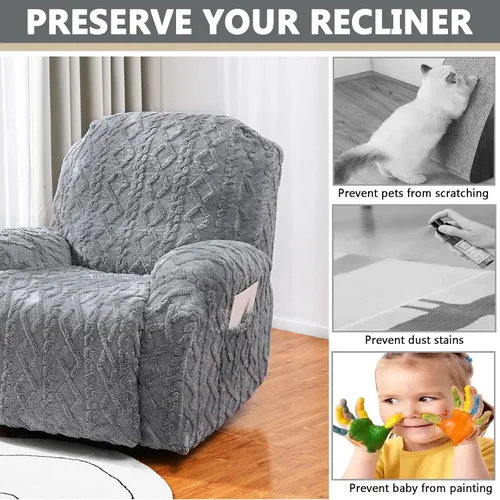 Vista 4 de OQHAIR Funda de terciopelo para sillón reclinable grande, 4 piezas, elástica, suave, con bolsillos, protector de muebles, color beige, 2 plazas