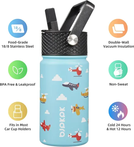 Vista 3 de BJPKPK Botella de agua con tapa con pajilla, botella de agua aislada de 15 onzas, botellas de agua de metal de acero inoxidable, termo reutilizable