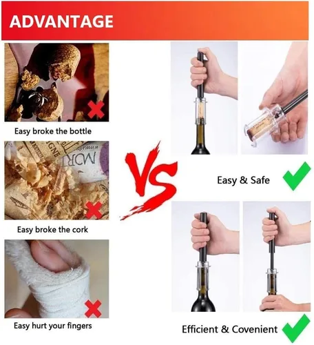 Vista 5 de Juego de Abrebotellas con Bomba de Presión de Aire para Vino con Cortador de Papel Aluminio, Sacacorchos Simple Removedor de Corchos con Bomba