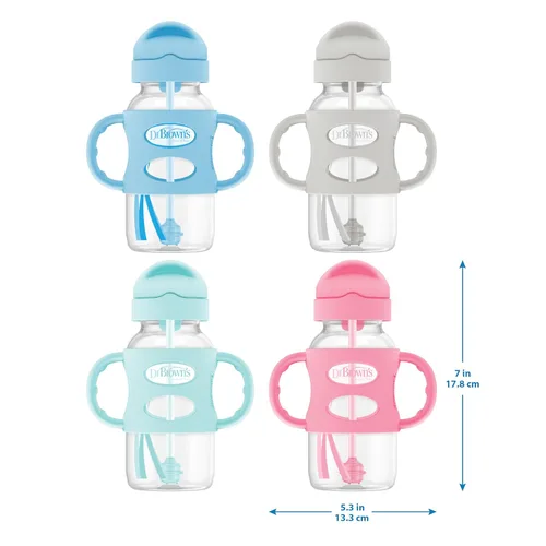 Vista 12 de Dr. Brown's Botellas de sorbo con pajita de cuello ancho con asas de silicona, gris y verde, 9 oz/9.1 fl oz, paquete de 2