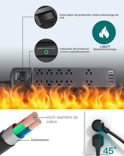 Vista 6 de Regleta de Enchufes - Addtam Protector contra Sobretensiones con 10 Tomas y 4 Puertos USB, Cable de Extensión de 6 Pies con Enchufe Plano, 2700 Negro