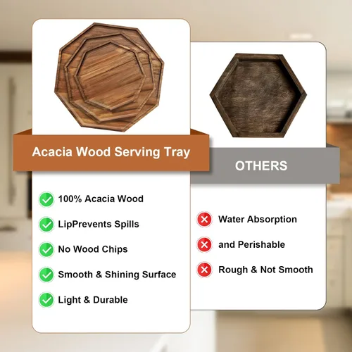 Vista 4 de Juego de 3 bandejas de madera de acacia, platos octogonales de madera para verduras, frutas, tablas de embutidos, platos de té de queso y café