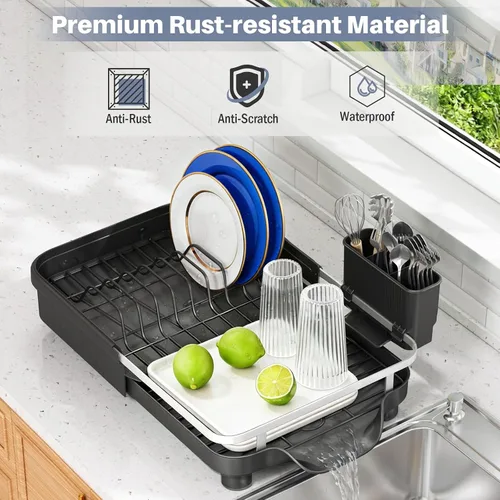 Vista 4 de [Usado] Kmiectse Escurridor de platos – Escurridor extensible para encimera de cocina, escurridor de platos de acero inoxidable con soporte
