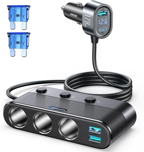 【Actualizado 2025】Adaptador de encendedor de 7 en 1, JOYROOM Adaptador de Cargador de Coche 179W con Carga PD30W (Cable de 3.3 pies), Divisor de