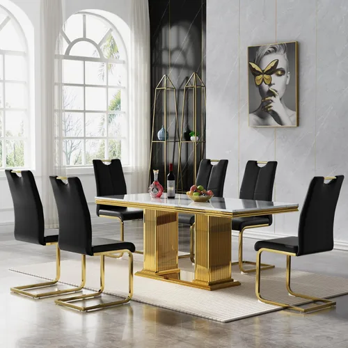 Vista 11 de 5 Piece Black Marble Dining Table Set for 4, Modern Faux Marble Kitchen Dining Room Tables with 4 Leather Chairs Set, 68.11" Luxury Rectangular
