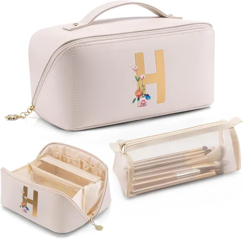 Vista 17 de Vlando - Bolsa de maquillaje con inicial personalizada, regalos personalizados para mujeres, Blanco-M