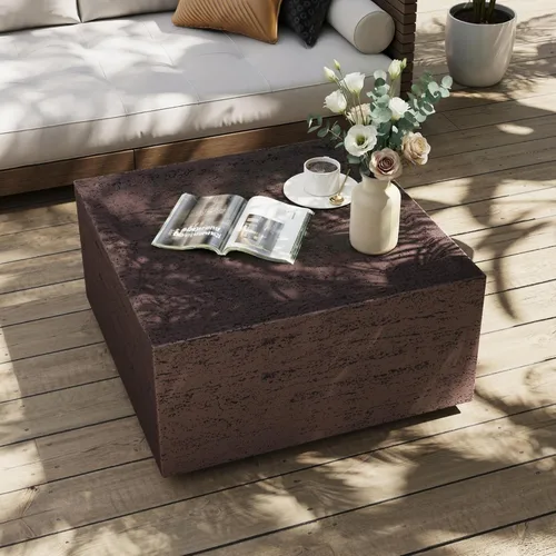 Vista 8 de UPHA Mesa auxiliar redonda de 28 pulgadas para exteriores, moderna mesa de patio de hormigón hueco, pequeña mesa minimalista baja para sala de Bronce