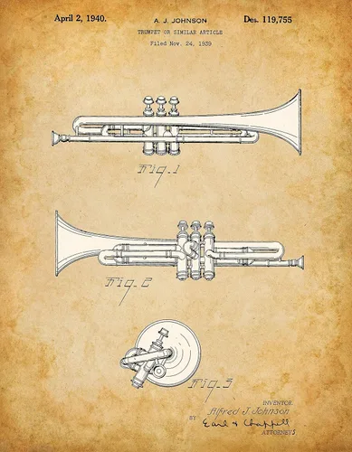 Trumpet Patent Print - Great Music Wall Art, Music Studio Decor, Brass Wind Instrument, Gift for Band Director, Classical and Jazz Music Lovers,