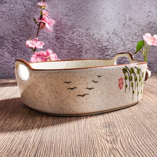 Vista 5 de Cacerola de cerámica de estilo japonés, plato para hornear cuadrado de 6.7 pulgadas con asa, juego de 2, apto para horno y microondas