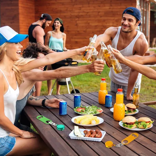 Vista 6 de Honoson Abrebotellas retráctil de bartender, 8 piezas, abridor de cerveza plano con clips redondos para carrete de insignia, soporte para cocina