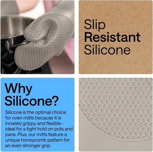 Vista 3 de GORILLA GRIP - Juego de guantes de horno de silicona suave sin BPA, guantes de cocina resistentes al calor e impermeables, forro de algodón grueso