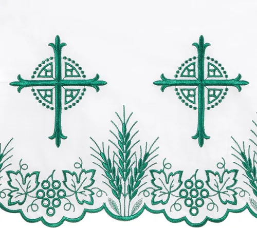 Vista 3 de Christian Brands Altar eucarístico verde frontal 96 x 52 pulgadas, aspecto de lino blanco con diseño de cruz para uso en iglesia o capilla, 65 %