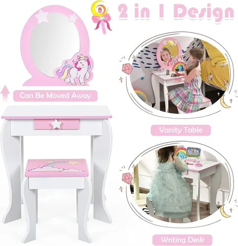 Vista 17 de KOTEK Tocador para niños con espejo y taburete, juego de tocador de madera de princesa 2 en 1 con parte superior desmontable y cajón