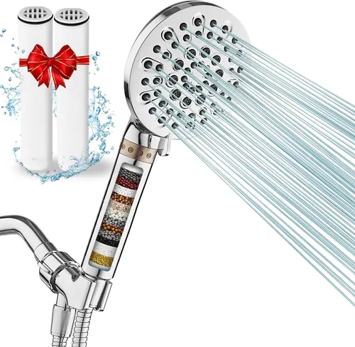 Cabezal de ducha con 6 ajustes de mano, filtro de alta presión para agua dura, cabezal de ducha filtrado de 15 etapas con manguera para eliminar