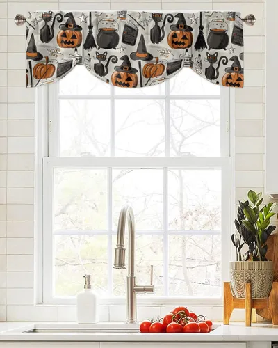 Vista 4 de Cenefas de cortina de Halloween para ventanas, calabaza con sombrero de bruja, cenefa de cortina para cocina, sala de estar, gato negro, retro