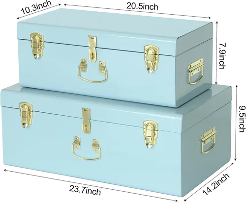 Vista 2 de Vixdonos Juego de 2 baúles de metal decorativos para almacenamiento, cofres para dormitorio universitario con asa (azul claro)