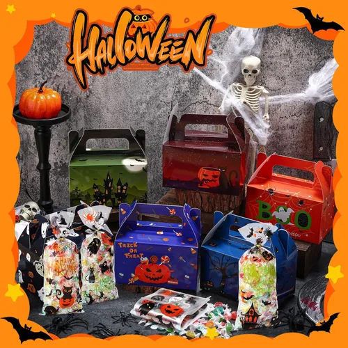 Vista 3 de ReliThick Paquete de 80 cajas de golosinas de Halloween con bolsas de celofán, cajas de dulces de galletas para golosinas de fantasma, bolsa