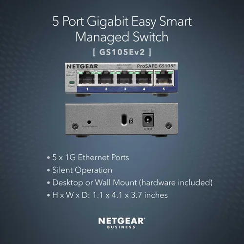 Vista 2 de NETGEAR - Conmutador Smart Managed Easy de 5 puertos Gigabit Ethernet (GS105Ev2) - Administrado, montaje en escritorio o pared, y protección