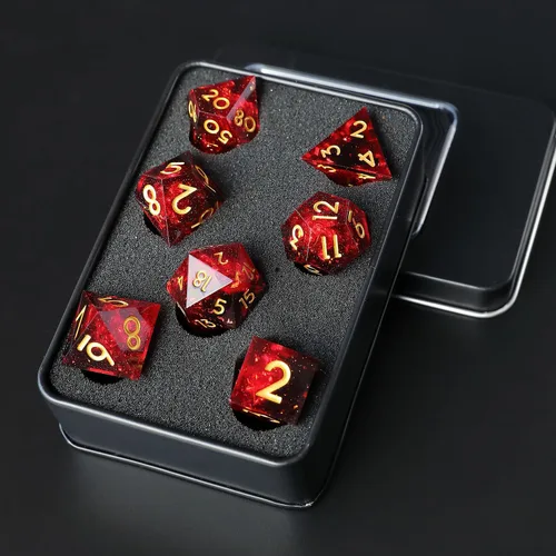 Vista 8 de Juego de dados de resina DND, dados Dungeons and Dragons hechos a mano con borde afilado D&D con caja de regalo, 7 piezas de dados