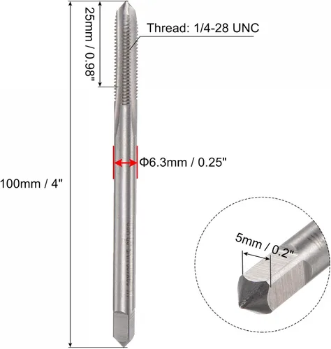 Vista 2 de uxcell Machos de fresado de rosca, 1/4-28 UNF de acero de alta velocidad (HSS) 3 flautas rectas, rosca roscada, 4 pulgadas de longitud (extra largo)