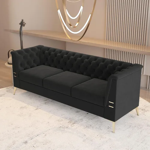 Vista 21 de Sofá moderno de terciopelo de 85.63 pulgadas con patas de metal dorado, tapizado grande de mediados de siglo, moderno, cómodo, sofás de 3 plazas