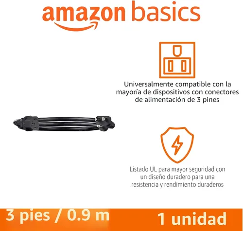 Vista 2 de Amazon Basics Cable de alimentación para PC, 3 pies, Cable de alimentación CA para monitor, computadora, TV, 3 clavijas, 18 AWG, 125 voltios, negro