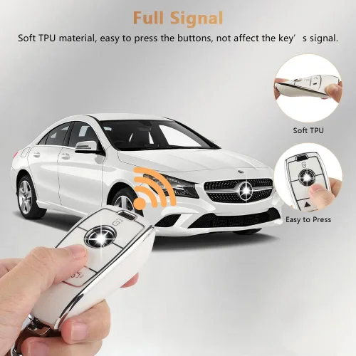 Vista 4 de PIFOOG Funda para Llavero de TPU con Cadena de Llaves Brillante, Llaveros de Entrada sin Llave, Botones de Protección, Blanco Plateado, Blanco