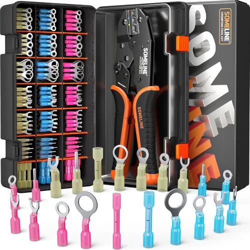 Vista 14 de SOMELINE - Herramienta de crimpado para kit de conectores termorretráctiles, con conectores termorretráctiles de extremo calibre 22-10 de grado