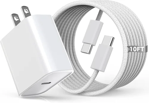 Cable tejido de 10 pies para Apple 17, 16, 15, 60 W, 10 pies, USB C a tipo C, cable de carga trenzado y cargador USB C de 20 W, enchufe de viaje,