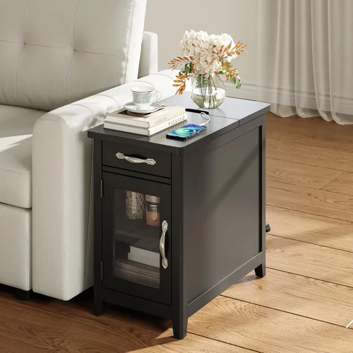 Vista 2 de LINSY HOME - Mesa auxiliar con estación de carga, mesa lateral para dormitorio con cajón y soporte desmontable, estante de almacenamiento con puerta