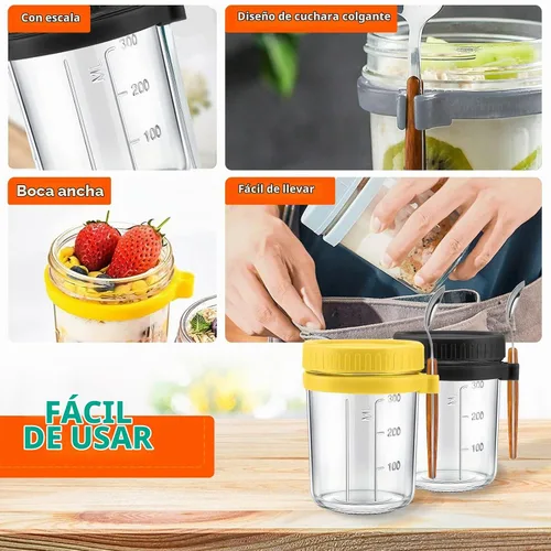 Vista 4 de Contenedor de avena durante la noche, conservas de vidrio de avena con tapas y cuchara, cereales de 10 onzas, leche, ensalada de frutas, con marcas