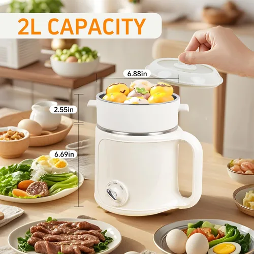 Vista 4 de Olla Eléctrica Caliente con Vaporera: Cocedor de Ramen de 2.0L, Olla Eléctrica Multifuncional de Acero Inoxidable, Portátil, Ajuste de Potencia Dual
