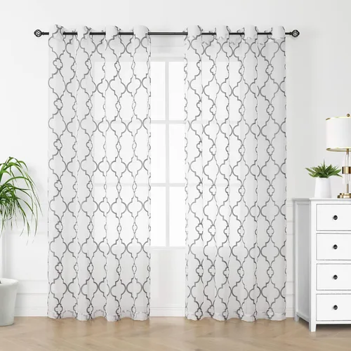 Vista 13 de Cortinas traslúcidas marroquíes para dormitorio, sala de estar, 95 pulgadas, celosía geométrica bordada en lino blanco, cortinas texturizadas