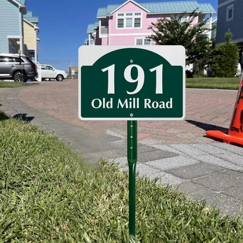 Vista 3 de SmartSign Letrero personalizado de dirección de casa de 7 x 10 pulgadas con estaca de 18 pulgadas (diseño de domo), aluminio reflectante a prueba