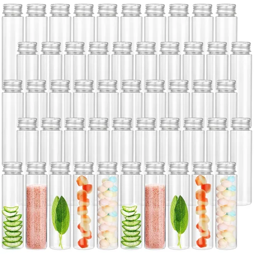 50 tubos de ensayo de plástico transparente de 1.7 fl oz con tapas de rosca, recipientes de sal de baño de fondo plano para dulces, chicles de